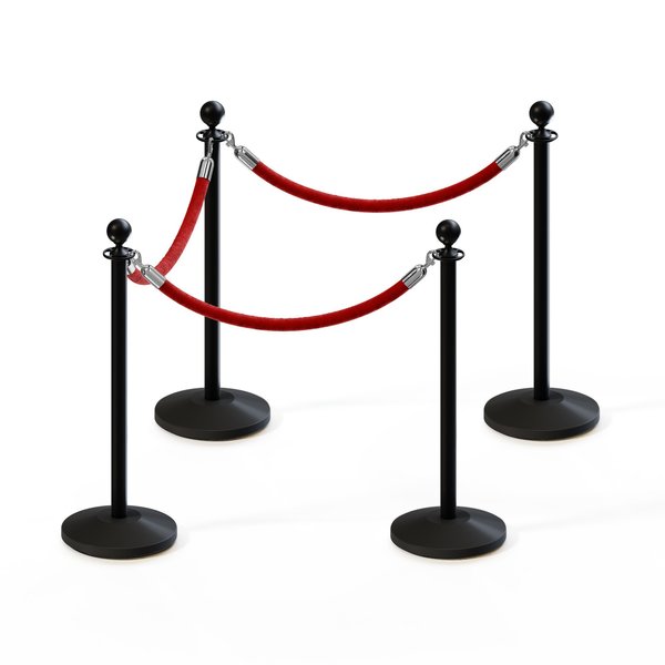 Montour Line Stanchion Post and Rope Kit Black, 4 Ball Top3 Red Rope C-Kit-4-BK-BA-3-PVR-RD-PS